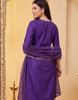 Purple woven design straight kurta trousers with dupatta set 3
