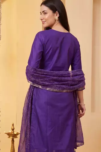 Purple woven design straight kurta trousers with dupatta set