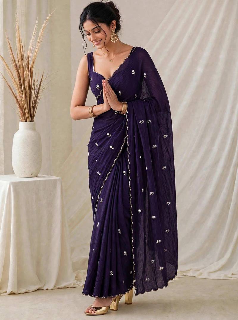 Designer crush saree with handwork floral butti and embellished border