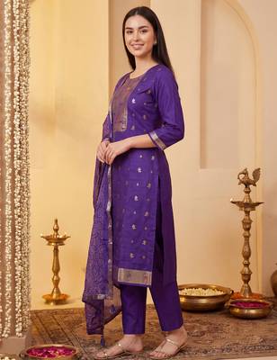 Purple woven design straight kurta trousers with dupatta set 4