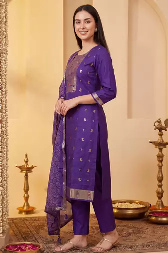 Purple woven design straight kurta trousers with dupatta set