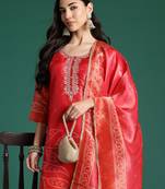 Red printed straight kurta trousers with dupatta set