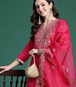 Pink embroidered straight kurta trousers with dupatta set