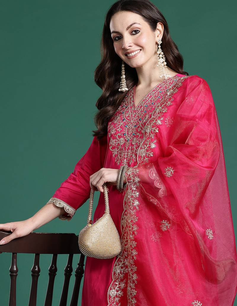 Pink embroidered straight kurta trousers with dupatta set