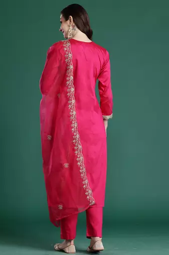 Pink embroidered straight kurta trousers with dupatta set
