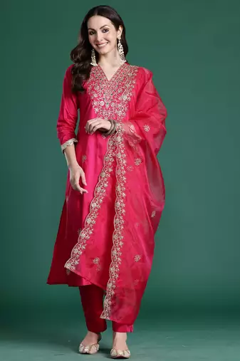 Pink embroidered straight kurta trousers with dupatta set