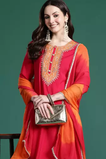 Pink solid straight kurta trousers with dupatta set