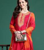 Pink solid straight kurta trousers with dupatta set