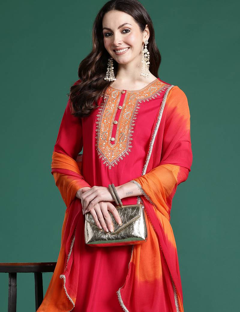 Pink solid straight kurta trousers with dupatta set