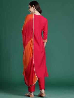 Pink solid straight kurta trousers with dupatta set 2