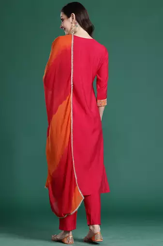 Pink solid straight kurta trousers with dupatta set