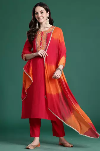 Pink solid straight kurta trousers with dupatta set