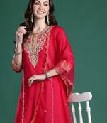 Pink solid straight kurta trousers with dupatta set