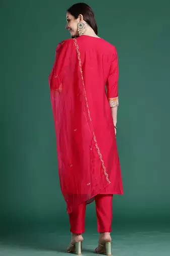 Pink solid straight kurta trousers with dupatta set