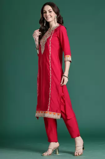 Pink solid straight kurta trousers with dupatta set