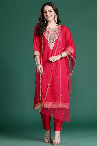 Pink solid straight kurta trousers with dupatta set