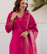 Pink embroidered straight kurta palazzo with dupatta set