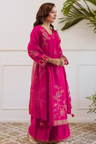 Pink embroidered straight kurta palazzo with dupatta set