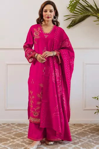 Pink embroidered straight kurta palazzo with dupatta set