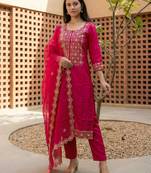 Pink embroidered straight kurta trousers with dupatta set
