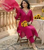 Pink embroidered straight kurta trousers with dupatta set