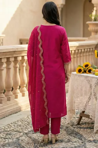 Pink embroidered straight kurta trousers with dupatta set