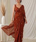 Partywear crush saree with handwork flower butti and contrast border