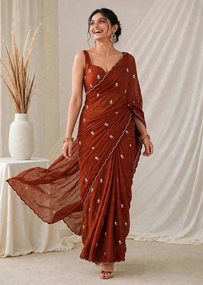 Partywear crush saree with handwork flower butti and contrast border