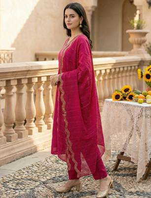 Pink embroidered straight kurta trousers with dupatta set 3