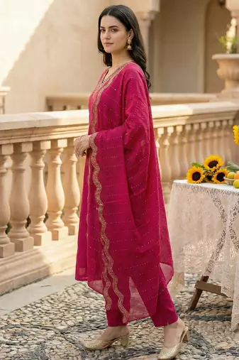Pink embroidered straight kurta trousers with dupatta set