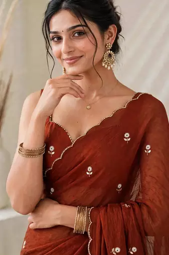 Partywear crush saree with handwork flower butti and contrast border