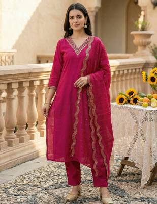 Pink embroidered straight kurta trousers with dupatta set 4