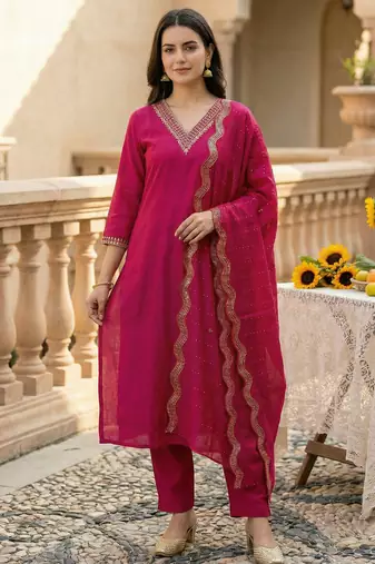 Pink embroidered straight kurta trousers with dupatta set