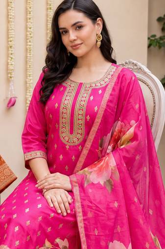 Pink embroidered straight kurta trousers with dupatta set