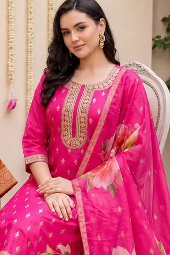 Pink embroidered straight kurta trousers with dupatta set