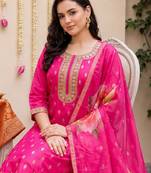 Pink embroidered straight kurta trousers with dupatta set