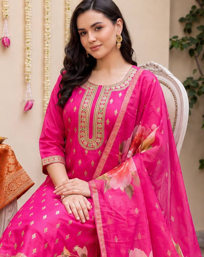 Pink embroidered straight kurta trousers with dupatta set