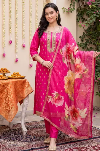 Pink embroidered straight kurta trousers with dupatta set