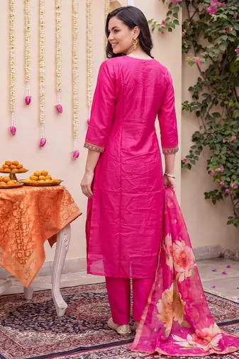 Pink embroidered straight kurta trousers with dupatta set