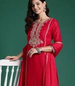 Magenta embroidered straight kurta trousers with dupatta set