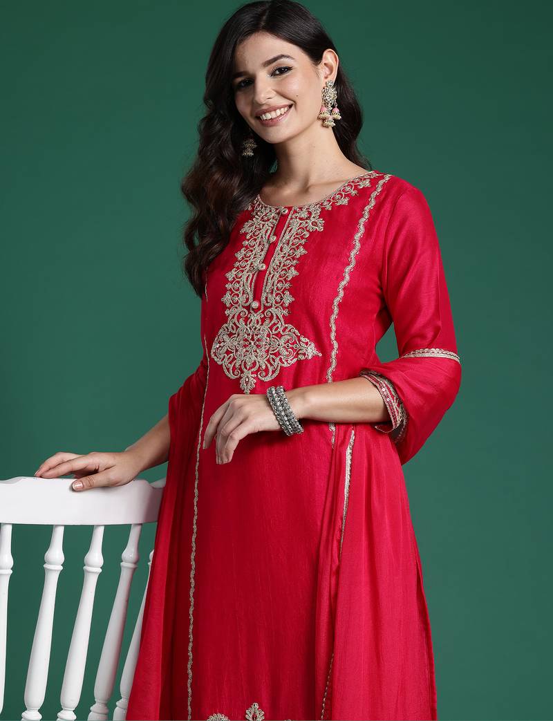 Magenta embroidered straight kurta trousers with dupatta set