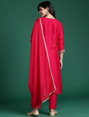 Magenta embroidered straight kurta trousers with dupatta set 2