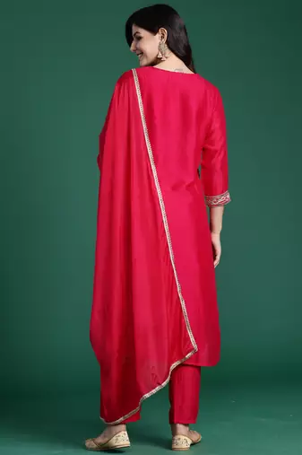 Magenta embroidered straight kurta trousers with dupatta set