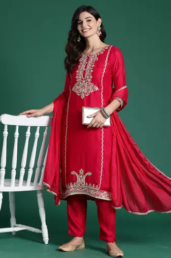 Magenta embroidered straight kurta trousers with dupatta set