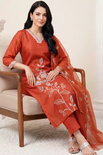 Orange embroidered straight kurta trousers with dupatta set