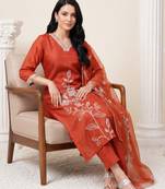 Orange embroidered straight kurta trousers with dupatta set