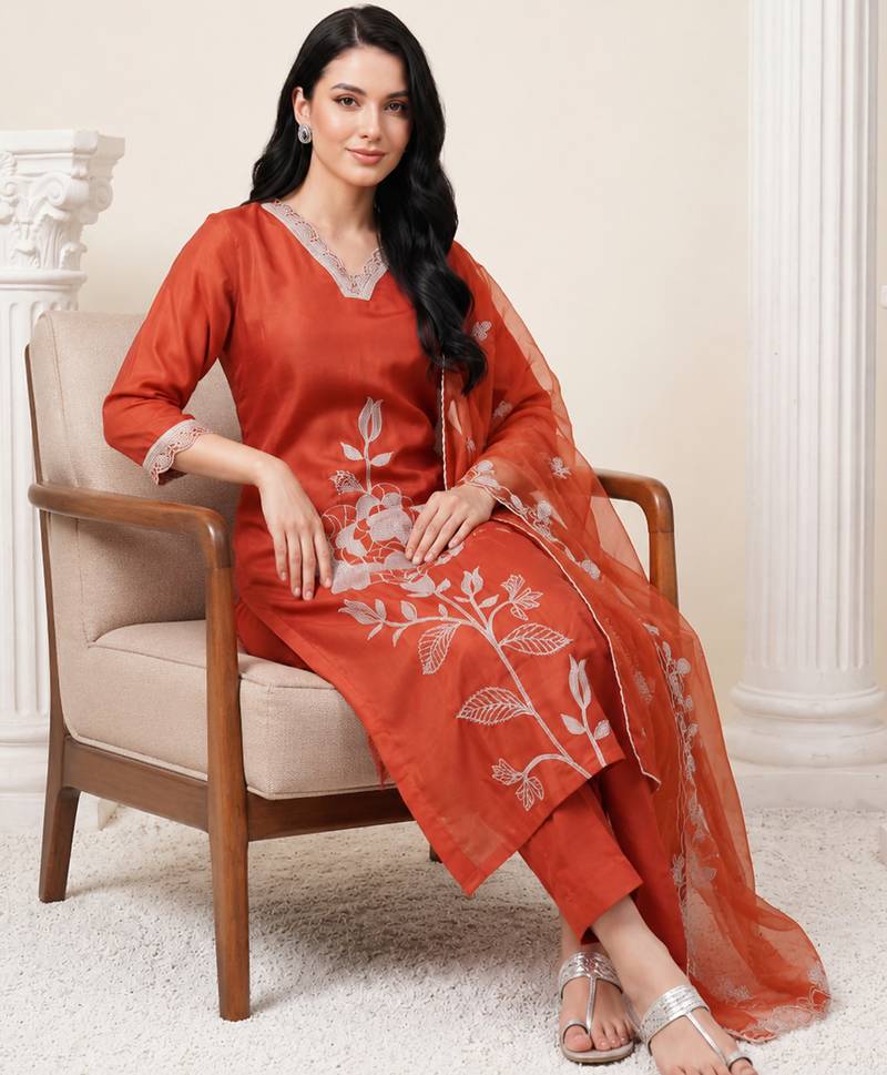 Orange embroidered straight kurta trousers with dupatta set