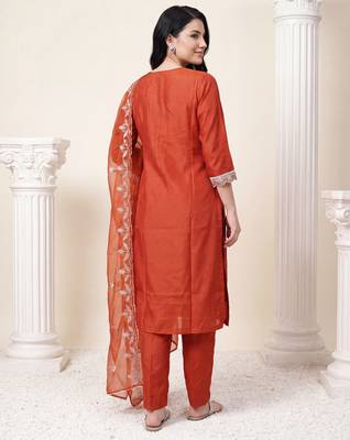 Orange embroidered straight kurta trousers with dupatta set 2