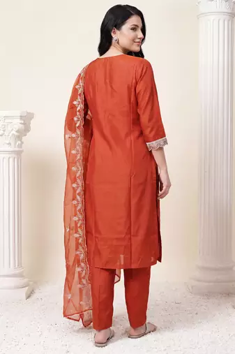 Orange embroidered straight kurta trousers with dupatta set