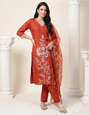 Orange embroidered straight kurta trousers with dupatta set 3